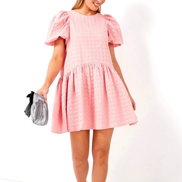 English Factory Dresses & Skirts - English Factory Pink Penelope Puff Sleeve Drop‎ Waist Mini Dress Size XS NWT